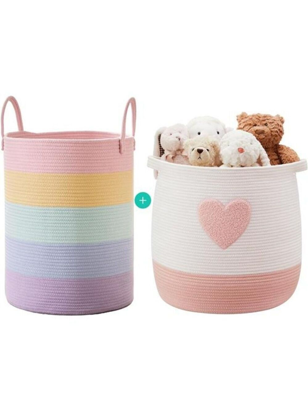 Pink Cotton Rope Laundry Hamper Large Woven Storage Basket for Toys Clothes Blan